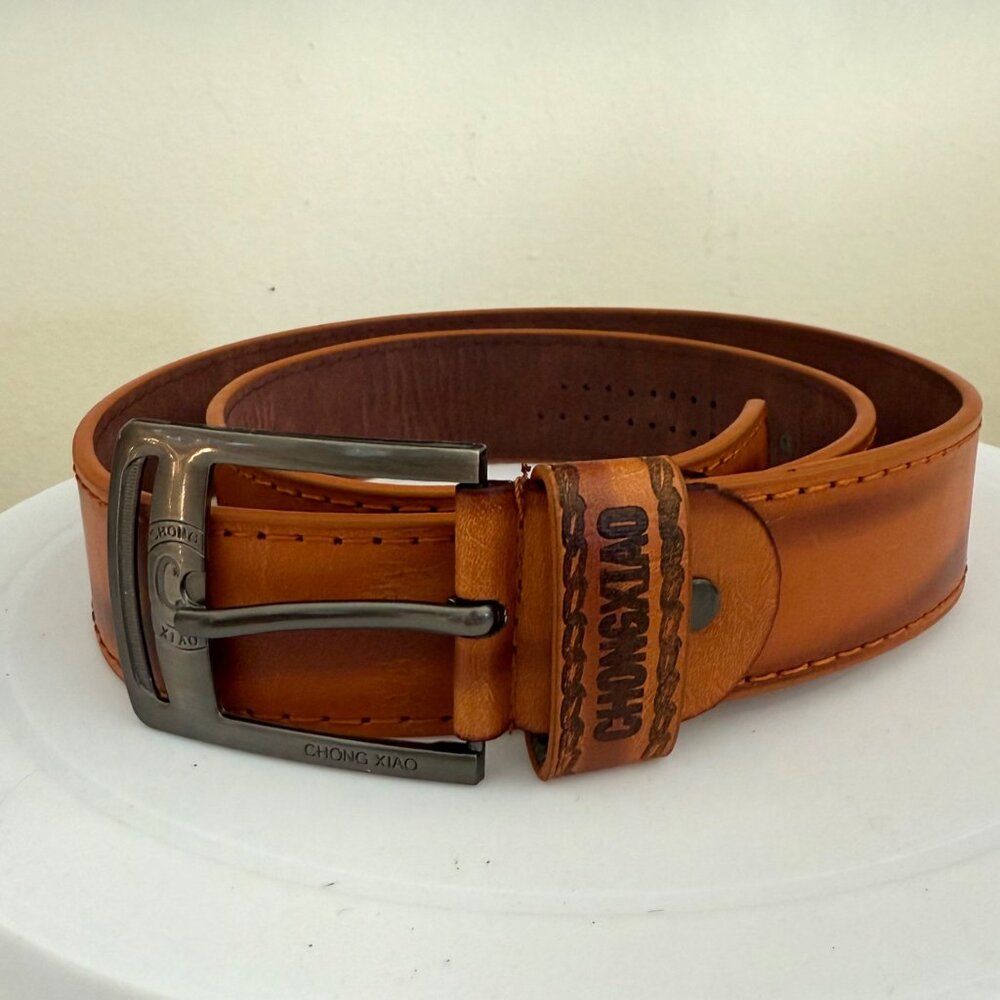Chong Xiao Leather Belt Size 35 Cognac Brown Perforated Design Gunmetal Buckle